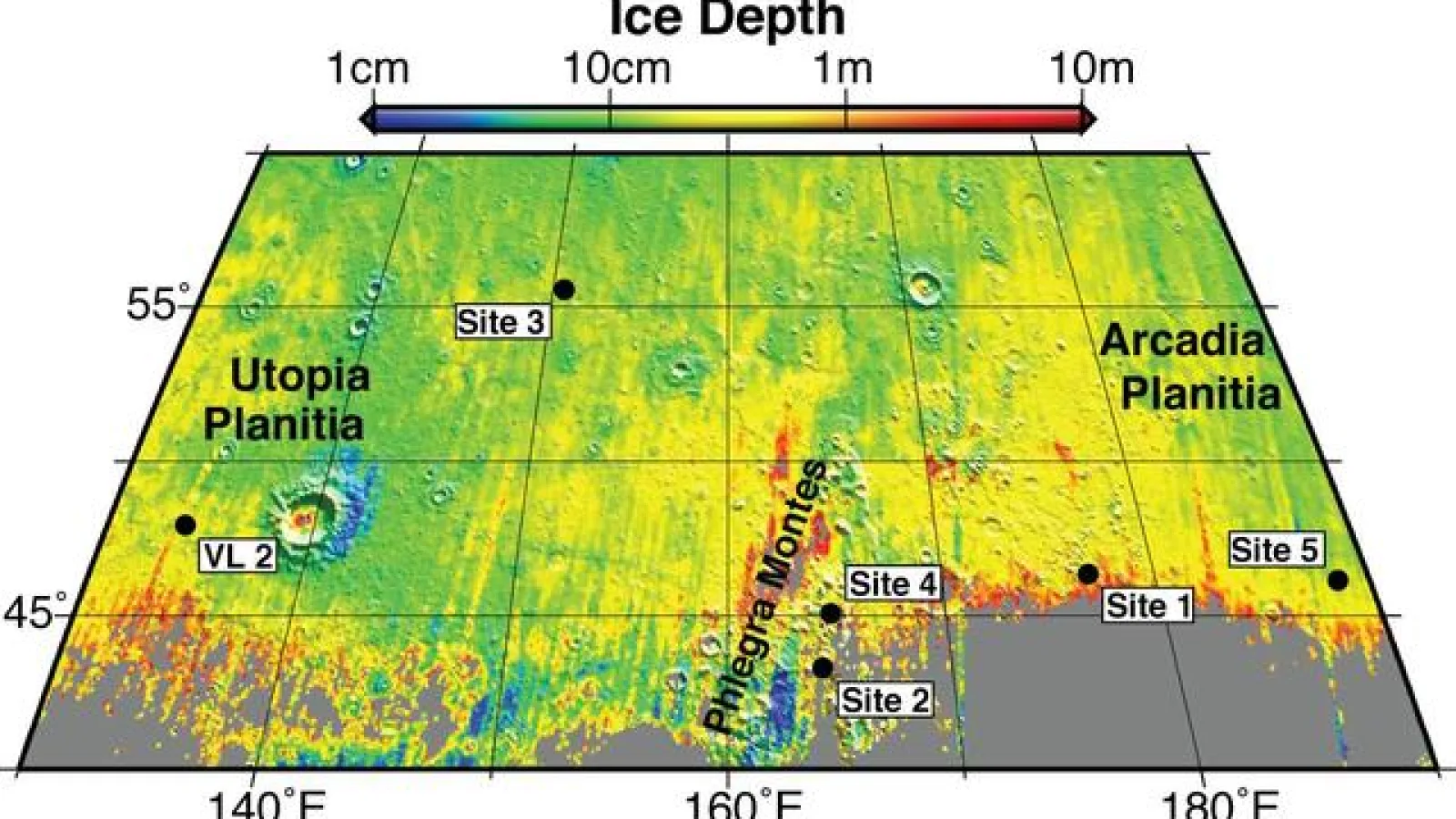 Expected Depths to Ice, Mid-Latitude Northern Mars
