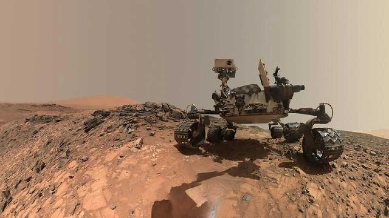 Looking Up at Mars Rover Curiosity in Buckskin Selfie
